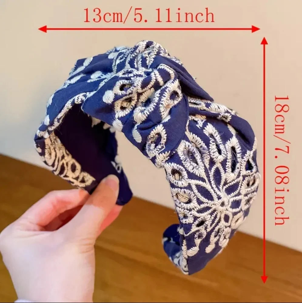 Headband Wide Dark Blue With White Floral Embroidery Lined Comfort